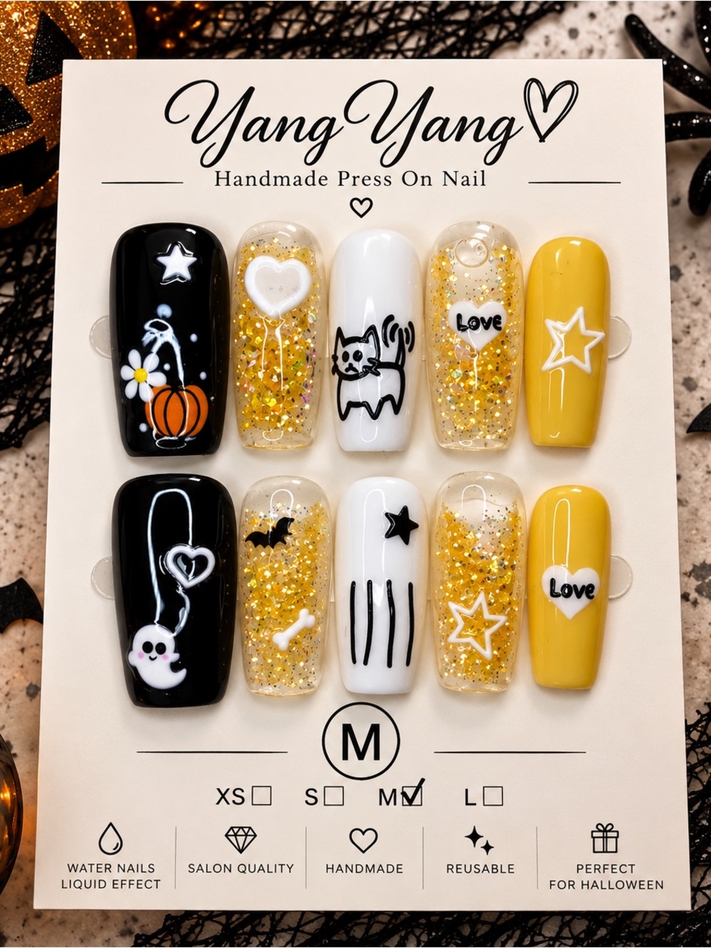 💛👻 Halloween Water Effect Press-On Nails – Size Medium